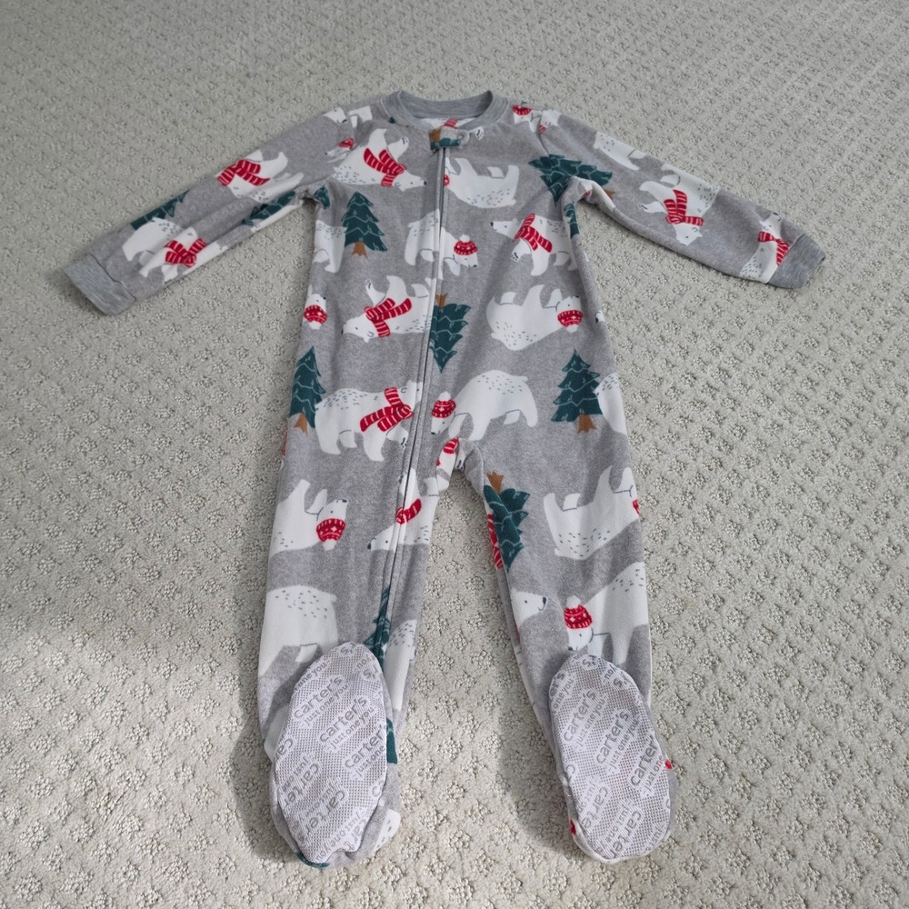 Kids size 3T Polar Bear Fleece Footed Pajamas Gray Red Winter PJs